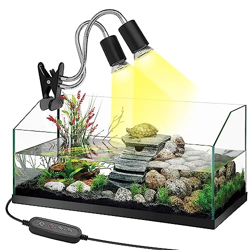 Reptile Heat Lamp,Double-Head Heating Lamp for Reptiles, UVA/B Turtle Lamp with Clamp, Separate Control, Turtle Light,Basking Light for Reptiles Bearded Dragon Turtle Snake, 3 Basking Bulbs.