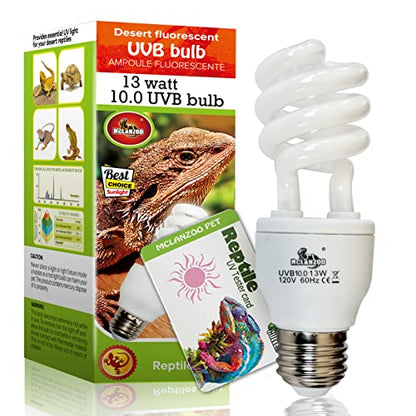 UVA UVB Light Reptile Bulb 10.0 13W Desert Compact Fluorescent Terrarium Lamp for Bearded Dragon, Turtle, Snake, Gecko, Lizard With UV Tester Card