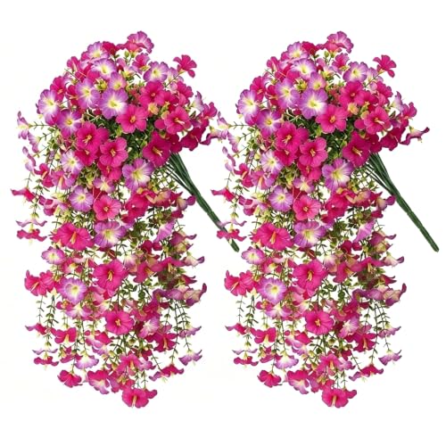 AirSun Artificial Morning Glory Flower Vines, 2pcs Hanging Plants Silk Garland Fake Green Plant Home Garden Wall Fence Indoor Outdoor Wedding Birthday Decor - color: Violet Red