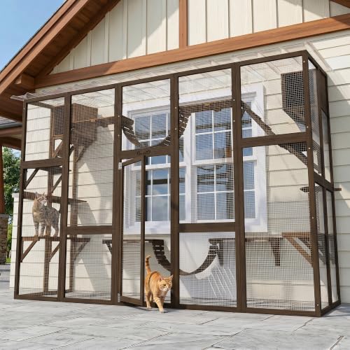 PawHut Catio Outdoor Cat Enclosure Window, Outdoor Cat House with Weather Protection Roof for 1-4 Kitties, Wooden Frame, Shelves & Bridges, 118" x 37.5" x 74", Coffee Brown - color: Coffee Brown