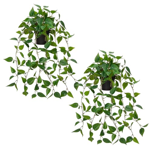 2 Pack Fake Hanging Plants for Shelf in Back Pot, Small Artificial Hanging Ivy Vine Plants Indoor Fake Potted Greenery Plant for Room Bathroom Kitchen Wall End Table Mimi Faux Pothos Plant Set Decor - color: # Pothos Green
