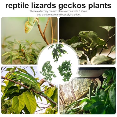 Cabilock Reptile Tank Decor Artificial Green Vine Plants 3pcs Set with Suction Cups 12-inch Leaf and 30cm Climbing Leaves for Gecko Snake Terrarium Habitat