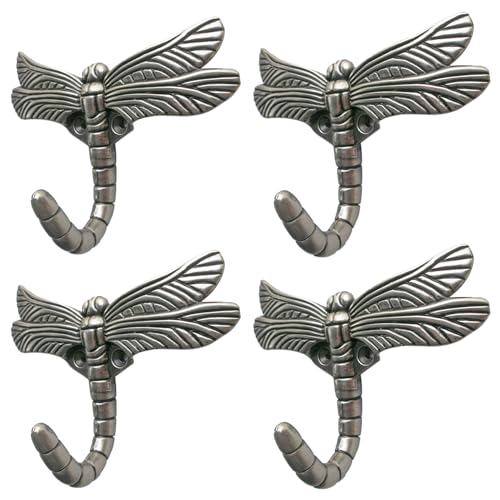 Dragonfly Hooks Wall Mounted Cloak Rack, Animal Heavy Duty Vintage Decorative Hooks, Indoor Outdoor Universal Cloak Rack Hooks for Coat Towel Robe Clothes Hats Bags Keys, Pack of 4 - color: Antique Silver