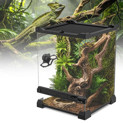 Reptile Terrarium 8"x8"x12" Mini, Front-Opening Glass Tank with Mesh Lid & Lock, 360° Glass Enclosure for Small Reptiles, Frogs, Tarantulas, Jumping Spiders & Geckos - size: 8" x 8" x 12"