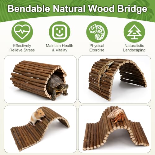 23''×20'' Reptile Hide Bearded Dragon Tank Accessories Bridge Hideout&Vine | Large Climbing Wooden Bridge Hideout & Hanging Plant Vines Artificial Leaves for Snake Lizard Tortoise Leopard Gecko