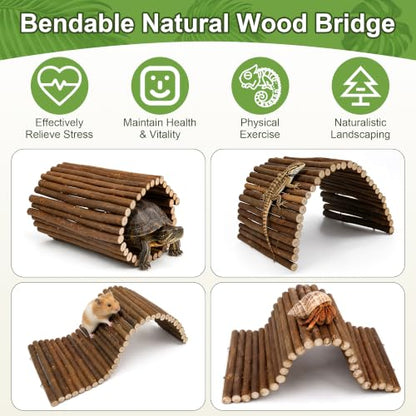 23''×20'' Reptile Hide Bearded Dragon Tank Accessories Bridge Hideout&Vine | Large Climbing Wooden Bridge Hideout & Hanging Plant Vines Artificial Leaves for Snake Lizard Tortoise Leopard Gecko