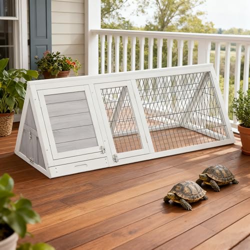 Tortoise Enclosure, Large Tortoise Habitat Indoor Outdoor Wooden A-Frame Turtle Hidden House Playpen with Ventilating Wire Fence Reptile Lounge Cage for Small Animals (White) - color: White