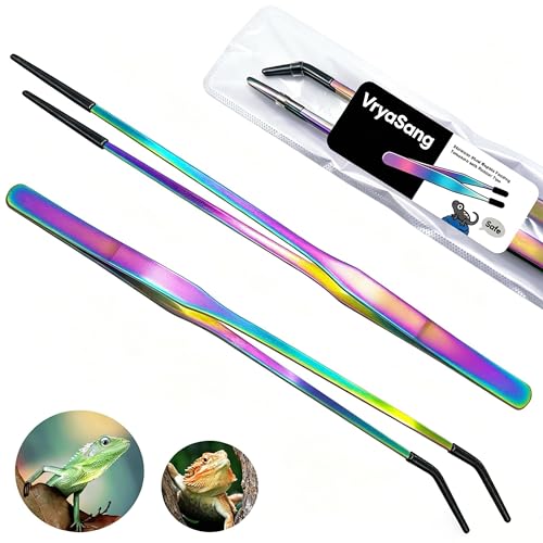 2 PCS Long 10.6" Stainless Steel Reptile Feeding Tongs with Rubber Tip, Straight & Curved Tweezers for Aquariums & Crafts, Feeder Tools for Bearded Dragon, Lizards Snake, Terrarium Supplies (Colorful) - color: Colorful