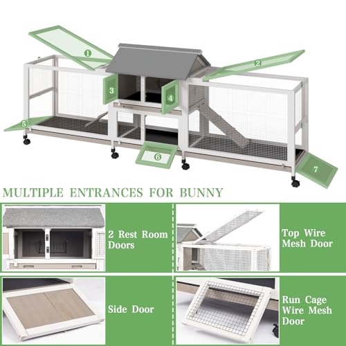 Extra Large 2-Story Rabbit Hutch Indoor and Outdoor with Dual Run Areas for 2-6 Rabbits & Guinea Pig, Wooden Bunny Hutch with 4 Pull-Out Trays, 2 Chew-Proof Ramps, Asphalt Roof, 8 Lockable Wheels - size: PET81