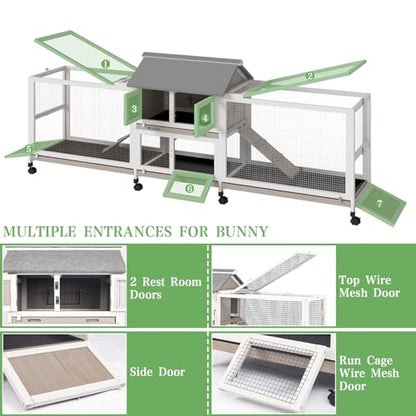 Extra Large 2-Story Rabbit Hutch Indoor and Outdoor with Dual Run Areas for 2-6 Rabbits & Guinea Pig, Wooden Bunny Hutch with 4 Pull-Out Trays, 2 Chew-Proof Ramps, Asphalt Roof, 8 Lockable Wheels - size: PET81