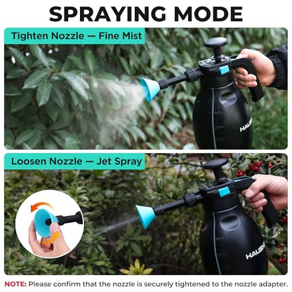 HAUSHOF Hand Pump Sprayer 1/2 Gallon, Pressure Garden Spray Bottle for Plants, Weeds, Flowers, Foam Sprayer Car Detailing with 2 Adjustable Nozzles, Lawn Watering & Outdoor Cleaning, 2L