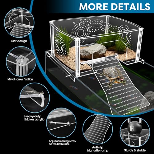 Extra Large Turtle Topper Basking Platform for Aquatic Turtles 40B/75G, Above Tank Turtles Sunbathing Dock Anti-slip Ramp Aquatic Reptile Climbing Pier Resting Terrace with Feeding Area Accessories