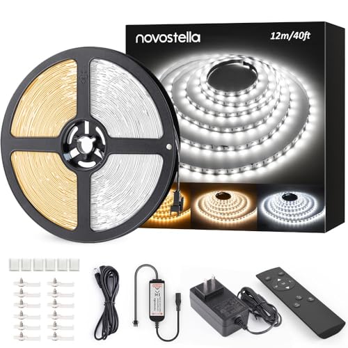Novostella 40ft Tunable White LED Strip Light 1344 LEDs Dimmable 3000K-6500K 24V Remote Flexible LED Tape for Christmas Living Room Cabinet Counter Bedroom Home Kitchen Bar Ceiling Daylight Warm White - size: 40ft (Non-waterproof)