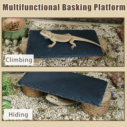 Bearded Dragon Basking Rock Platform,Reptile Basking Slate Rock with Wooden Stump,Leopard Gecko Hides and Caves Tank Accessories for Lizards,Snakes,Turtle,Ball Pythons