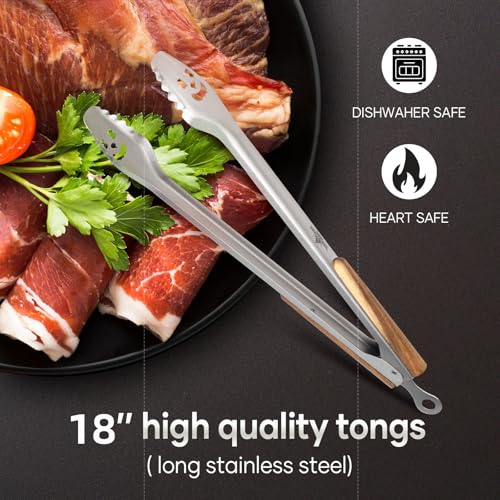 XUDAKAIXIN 18-Inch Long Stainless Steel BBQ Tongs with Extended Luxurious Acacia Handle – Durable and Easy-to-Clean Grilling Tool for Cooking, Kitchen Use, and Outdoor Barbecues - color: 18-inch