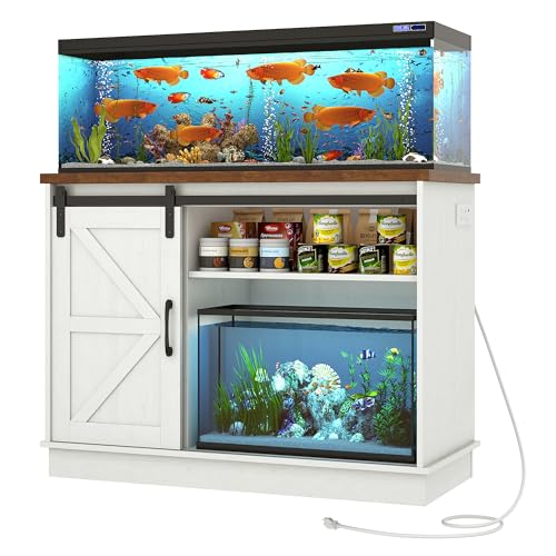 Hlivelood Farmhouse 30-40 Gallon Fish Tank Stand w/Power Outlet, Aquarium Stand w/Cabinet&Sliding Barn Door, Heavy Duty Reptile Tank Stand for Fish/Turtle/Reptile Terrarium, 1000LB Capacity, Rustic WH - color: Rustic White, size: 30-40 Gallon