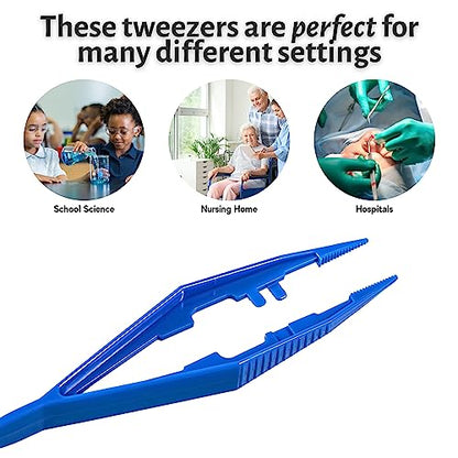 Vakly Disposable Plastic Forceps Tweezers Blue (30 Pack) – Serrated Tip Medical Tweezers with Finger Ridges & Narrow Points for First Aid, Lab, Crafts & School Science
