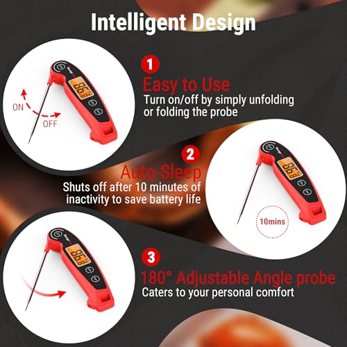 TempPro TP605 Instant Read Meat Thermometer for Cooking, Waterproof Digital Food Thermometer with Large Backlit LCD, Kitchen Thermometer for Grilling, Smoking & Candy Making (Previously ThermoPro) - color: Red