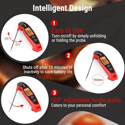 TempPro TP605 Instant Read Meat Thermometer for Cooking, Waterproof Digital Food Thermometer with Large Backlit LCD, Kitchen Thermometer for Grilling, Smoking & Candy Making (Previously ThermoPro) - color: Red