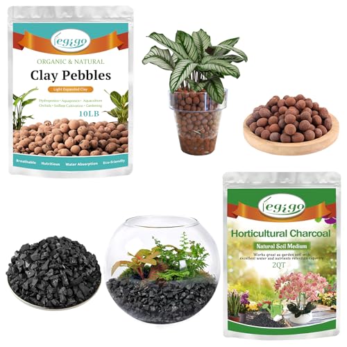 Legigo 10 LB Organic Leca Clay Pebbles & 2 QT Horticultural Charcoal, Natural Soil Amendment for Drainage, Aeration, and Healthy Indoor Plants, Orchids, Hydroponics & Terrariums