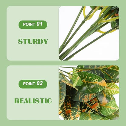 Artificial Croton Plant Leaves Faux Greenery Stems 7-Branch Plastic Tropical Foliage for Reptile Tank Terrarium and Indoor Home Garden Decor 4pcs Set