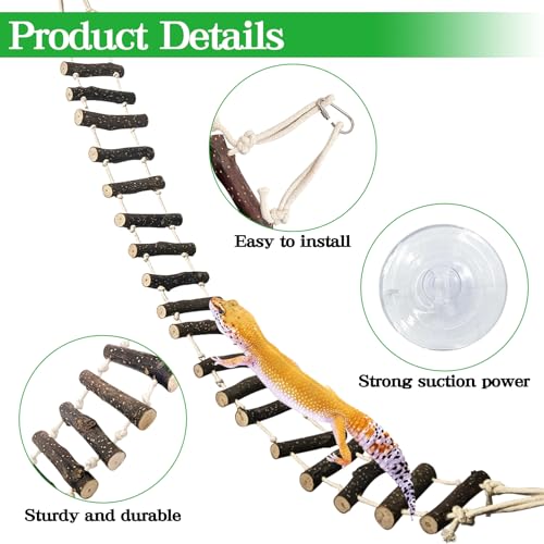 VCEPJH Long Reptile Ladder Bridge 59 in Bearded Dragon Hanging Wooden Climbing Bridge for Terrarium Leopard Gecko Tank Accessories Toys Suit for Lizard, Ball Pythons, Tree Frog, Snake - size: XL-59in