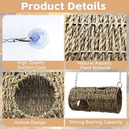 Reptile Hide Cave,Hanging Seagrass Fiber Bearded Dragon Hammock Swing Climbing Toys with Plants Decor,Gecko Hideout Hollow Cave Tank Accessories for Lizard Snake-Round - size: Round:7.87*3.94*3.94"