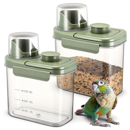 Maxdot 2 Pcs Bird Seed Storage Container 1.7 Qt/1.6 L with Tight Lids Airtight Cup Pet Food Storage Measuring Containers Lids with Pouring Spouts for Macaws African Grey Cockatoos(Green) - color: Green