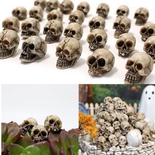 20PCS Mini Skull Figurine Miniature Set, Tiny Resin Skeleton Bone Skull Heads Statues for Halloween Prank Props, Desktop, Witchcraft, Haunted Dollhouse Micro Landscape Figure DIY Crafts Accessories
