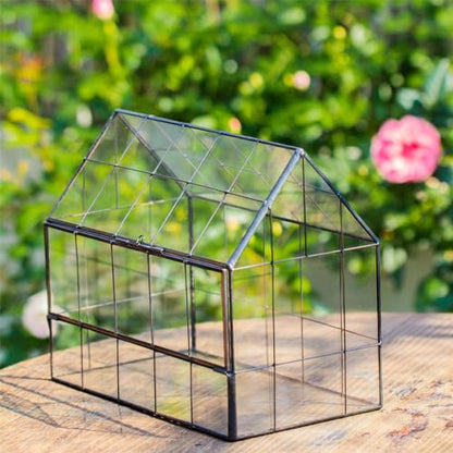 NCYP Geometric Glass Terrarium with Front Opening Door, House Shape Closed Micro Landscape Planter Box for Small Succulent, Cacti - Home Indoor Tabletop Decor, Handmade, Black (No Plants)