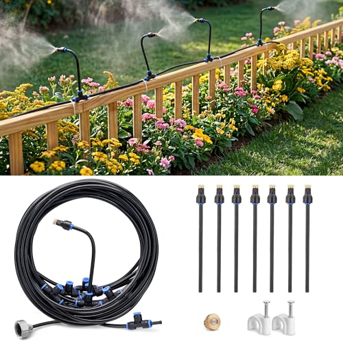homenote Adjustable Misting System, 360° Flexible Brass Nozzles, 32FT Pre-Assembled Mister Hose for Patio Cooling, Garden Irrigation, Greenhouse Watering, Pet Chicken Coop Cooling - size: 32FT / 10M