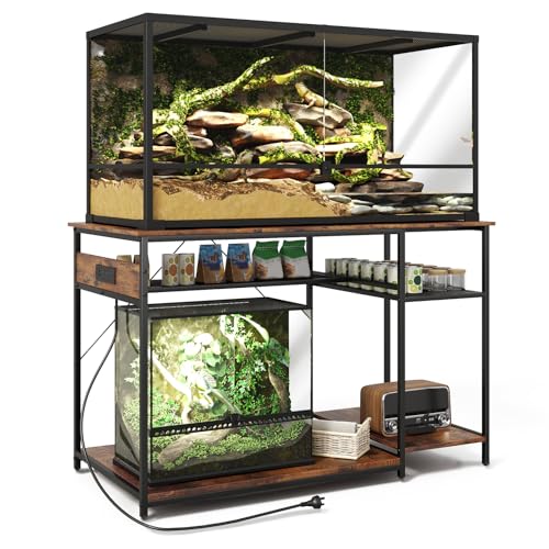 Reptile Tank Stand with Power Outlets，48" X 24" Tabletop Fits up to 120 Gallon Bearded Dragon Enclosure Stand，Double Snake Terrarium Table with Light