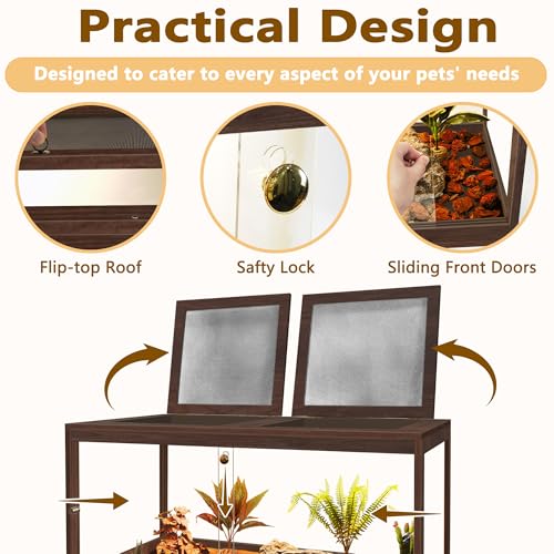 PROLEE Bearded Dragon Tank,60 Gallon Reptile Tank with Meatl Mesh Roof and Front Sliding Door, Anti-Scratch Lizard Tank,Spacious Reptile Enclosure for Snakes,Lguanas, Chameleons(Walnut)