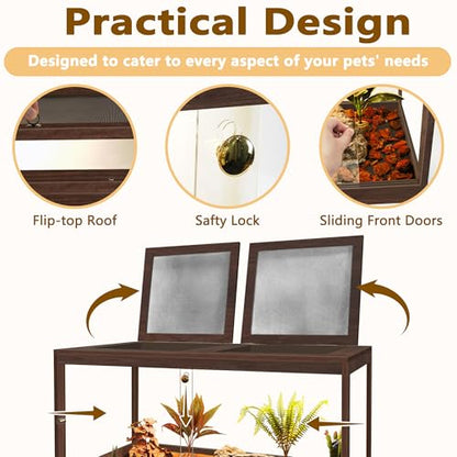 PROLEE Bearded Dragon Tank,60 Gallon Reptile Tank with Meatl Mesh Roof and Front Sliding Door, Anti-Scratch Lizard Tank,Spacious Reptile Enclosure for Snakes,Lguanas, Chameleons(Walnut)