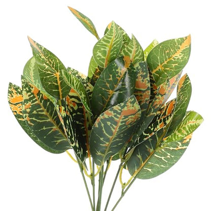 Artificial Croton Plant Leaves Faux Greenery Stems 7-Branch Plastic Tropical Foliage for Reptile Tank Terrarium and Indoor Home Garden Decor 4pcs Set