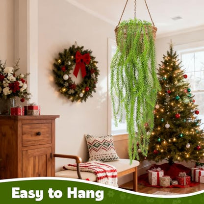 RAINFLOW 2PCS Christmas Fake Hanging Plants 36" Uv Resistant Artificial Pine Needle Hanging Vines, Fake Ivy Vines for Wall Shelf Patio Front Porch Christmas Decor(Basket and Berries Not Included)