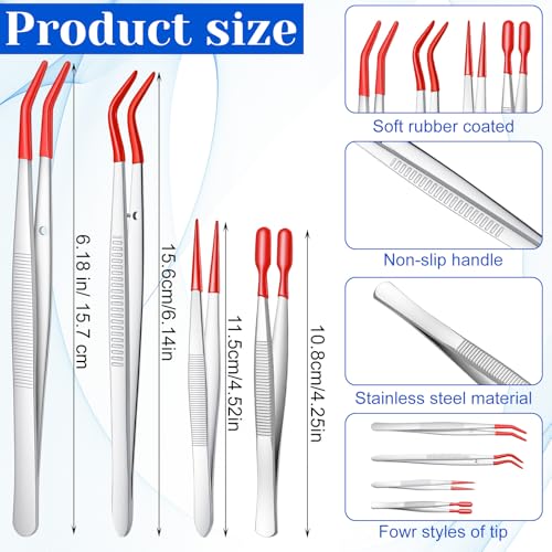 Elegaperma 4pcs Jewelry Tweezers with Rubber Tips Set, Rubber Tipped Tweezers, Craft Tweezer for Stamps Beads Jewelry Tools, Red