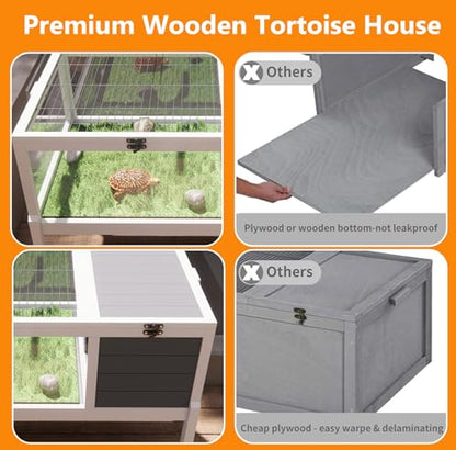 Turtle Habitat Enclosure, Large Wooden Tortoise House for Indoor and Outdoor Use, Reptile Enclosure with Openable Roof & Secure Locking System (Grey)