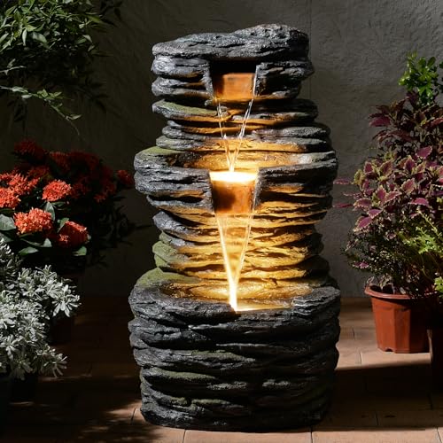 28.8” Tall Rock Water Fountain Outdoor Garden, 3-Tiers Cascading Rock Natural Waterfall Fountains with LED Lights, Indoor Resin Water Feature Fountain for Patio, Backyard, Deck, Porch - color: 3 Tier Stacked Stone-28.8’’h, size: 28.8’’H