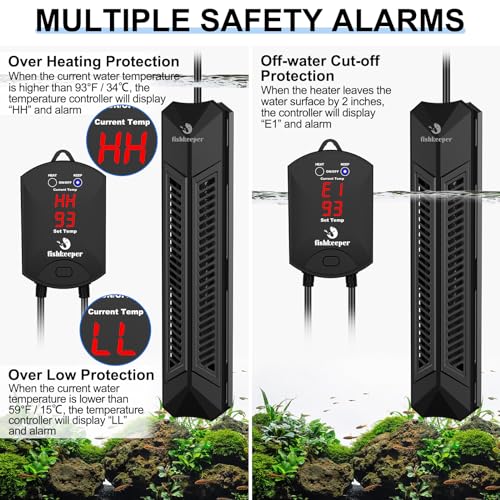 fishkeeper Aquarium Heater, 500 W Adjustable Fish Tank Heater with Digital Display Controller, Submersible Water Heater with Thermostat Over-Temperature Protection for Saltwater Freshwater 66-132 Gal - size: 500W