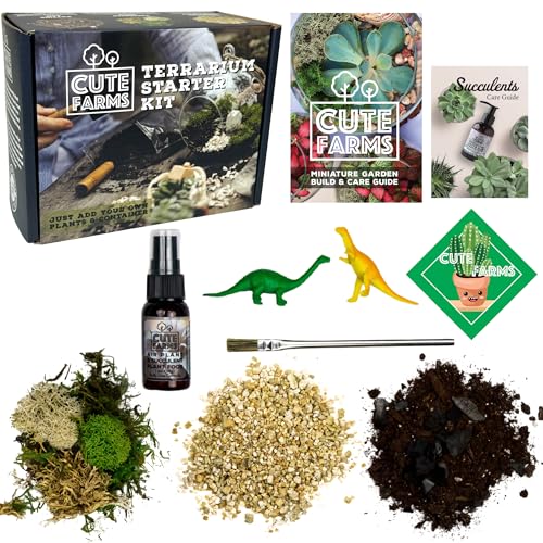 Cute Farms Terrarium Starter Kit | Moss, Vermiculite, Soil, Plant Food, Brush, Build and Care Guide | DIY Succulent Terrarium Kit for Adults and Kids - style: Terrarium Kit (No Glass)