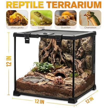 12"x12"x12" Reptile Terrarium, Escape-Proof Glass Full-View Vivarium for Tropical Invertebrates Such as Hermit Crabs, with Escape-Proof Lock & Feeding Hatch - size: 12"D X 12"W X 12"H
