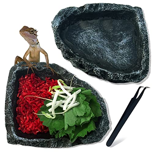 2 Pack Reptile Water Dish - Reptile Water and Food Bowls with Tongs Imitating Natural Rock，Breadworm Feeding for Leopard Gecko Lizard Spider Scorpion Chameleon (2Pcs Square Type) - color: 2Pcs Square type