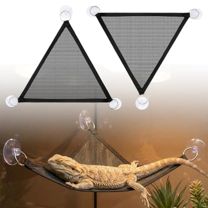 2 Pcs Bearded Dragon Hammock, Breathable Mesh Reptile Hammock for Lizard Gecko, Triangular Climbing Lounger with Strong Suction Cups for Iguanas, Geckos, Snakes, Chameleon Tank Accessories (Black)