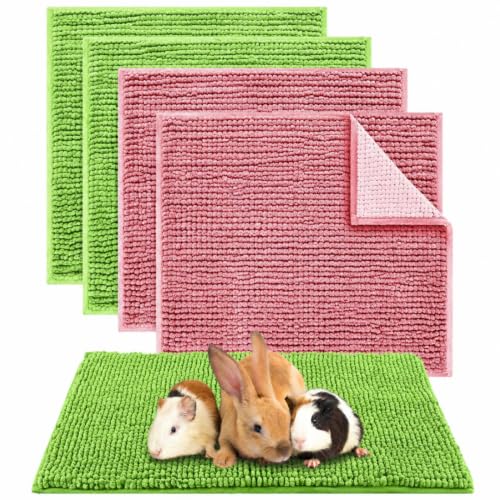 Amylove 4 Pcs Guinea Pig Cage Liner 12 x 12 Inch Washable Chenille Pee Pads Pet Dog Cat Bedding Training Mat Reusable for Small Animals Puppy Bunny Hamster Chinchilla - color: Green Pink, size: 12 x 12 Inch, style: Low Pile Chenille