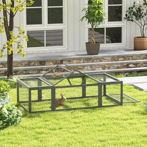 PawHut Large Wooden Rabbit Hutch Bunny Hutch Small Animal Habitat Enclosure Outdoor Run and Lockable Doors, Gray