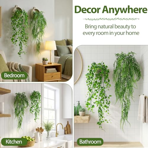 Daifunli 12 Pcs Artificial Hanging Plants Fake Hanging Ferns Plastic Fake Plant for Wall Room Garden Garland Indoor Outdoor Decor No Basket (Ivy,Boston Ferns) - style: Ivy, Boston Ferns