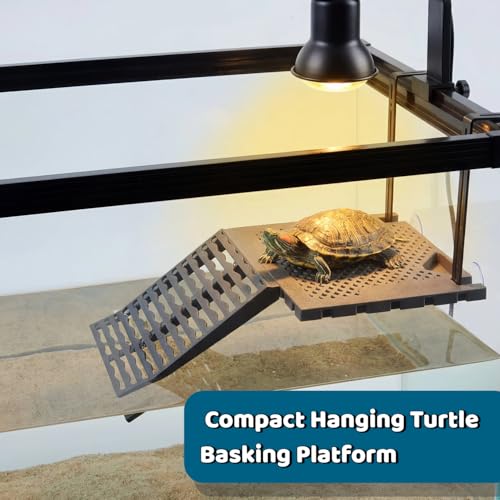 Compact SolidForm Hanging Turtle Basking Platform with Built-in Food Tray, Zero Zip-Tied, Non-Slip Ramp Terrace, Resting Turtles Dock, for 15+ Gallon Aquariums(8in Width+) Turtle Tank Accessories - size: Compact（7.1×5.9inches）