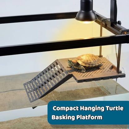 Compact SolidForm Hanging Turtle Basking Platform with Built-in Food Tray, Zero Zip-Tied, Non-Slip Ramp Terrace, Resting Turtles Dock, for 15+ Gallon Aquariums(8in Width+) Turtle Tank Accessories - size: Compact（7.1×5.9inches）