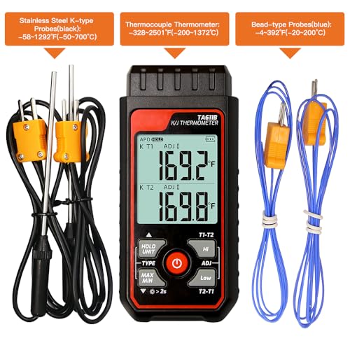 Digital Thermocouple Thermometer Dual-Channel K/J Type Thermometer -328~2501℉ Wide Range Industrial HVAC Temperature Meter with 4PCS of K-Type Thermocouple Probes, Alarm,Temp Conpensation
